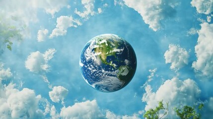 Naklejka premium Vibrant Earth Above Blue Sky with Soft Clouds and Greenery Surrounding