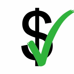 Verified dollar sign and check mark. Black dollar currency symbol with green tick on white isolated background. Approved dollar currency 