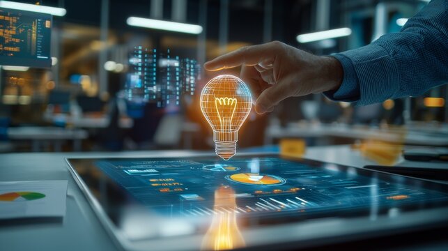 Innovative technology action modern office digital display collaborative environment close-up viewpoint futuristic concept