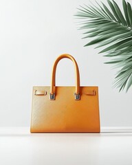 Stylish Orange Leather Handbag Tropical Leaf Background Fashion Accessory