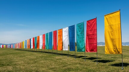 Naklejka premium Colorful flags lined up on green field under clear blue sky