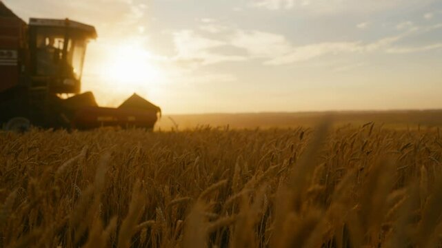 Harvesting barley in farmland in autumn, slow motion shot with harvest machine. Beautiful golden wheat fields in summer, bright sunshine above farmland, beauty of nature, agribusiness and farming