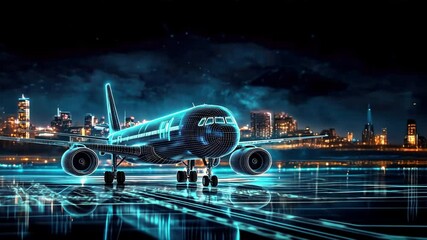 Digital airplane in industrial setting with blue lighting and data streams, focuses on travel disruptions and flight cancellation concepts - Powered by Adobe