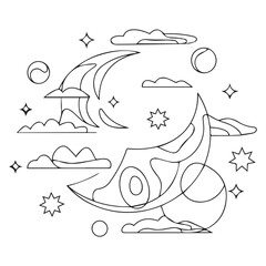 cute moon sleeping with clouds lineart on white background