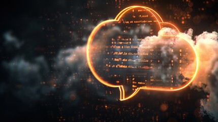 Glowing cloud computing speech bubble with code.