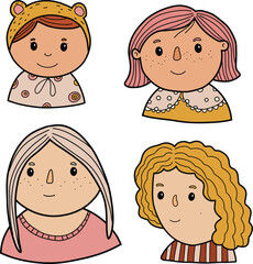 Set of icons of girls, teenagers. Female face various types signs thin line Icon set Include of avatar user, portrait or person head. Vector illustration of icons