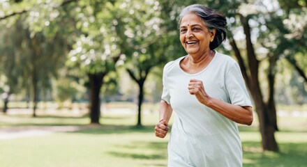 Joyful mature indian woman jogging outdoors in a lush green park for health and wellness