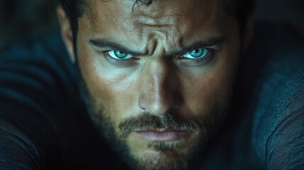 Close-up portrait of a serious man with intense blue eyes and a beard.
