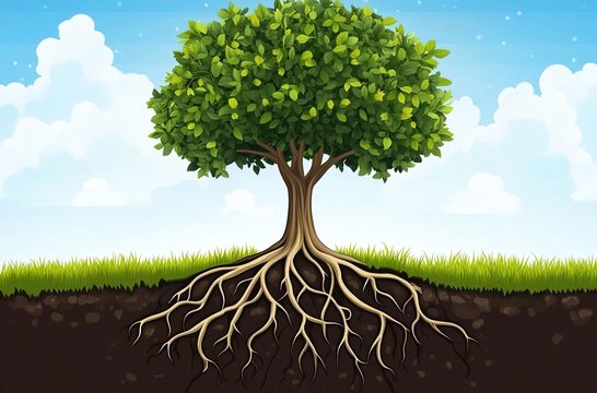 A tree with roots in the ground, a vector illustration in a cartoon style, with green grass in the background, a blue sky, and white clouds. The tree trunk is thick, with large leaves on top of it.