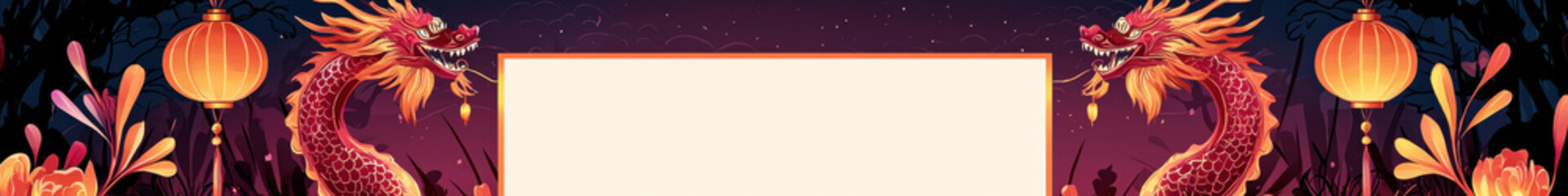 Obraz premium Dragons in maroon and bronze hues with glowing lanterns frame scene