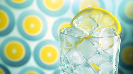 Chilled Nostalgia: A Refreshing Lemonade Glass Amidst a Retro Circular Symphony