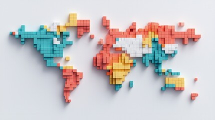 Colorful Geometric World Map Made of Cube Elements for Creative Use