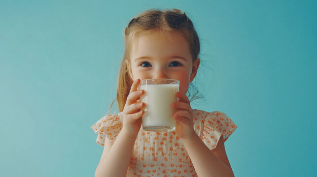 World milk day. Cute little girl drinks white milk from transparent glass on blue background. 