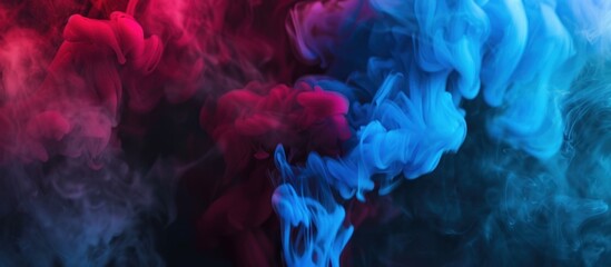 Abstract red and blue ink swirling in water.