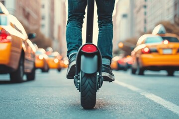 Fototapeta premium Urban Commuter Riding Electric Scooter on Busy City Street