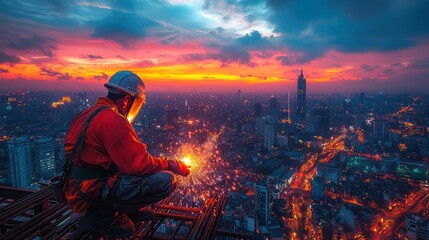Fototapeta premium A worker sparks light against a vibrant sunset skyline, showcasing urban industry and beauty.