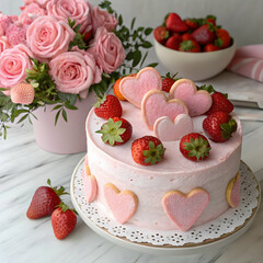 beautiful pink cake decorated with red strawberries and flowers   for valentine's day