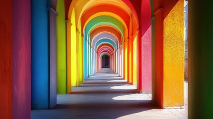 Colorful arched hallway with vibrant columns.