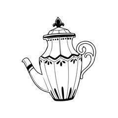 a line art drawing of a vintage teapot illustration