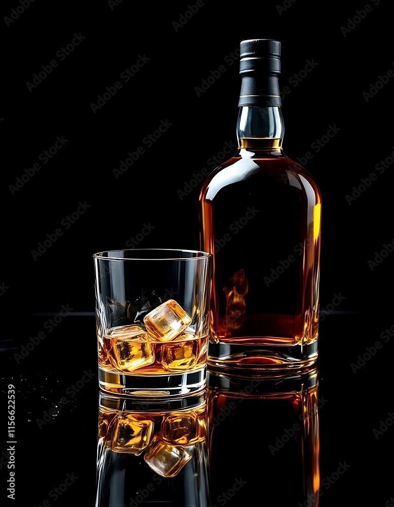 Wall mural Whiskey bottle and a glass filled with ice cubes and whiskey on dark reflective surface background, drink and beverage, food photography for advertisement