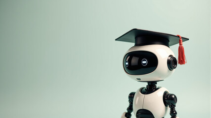A cute robot wearing a graduation cap symbolizes education and technological advancement in a playful way.