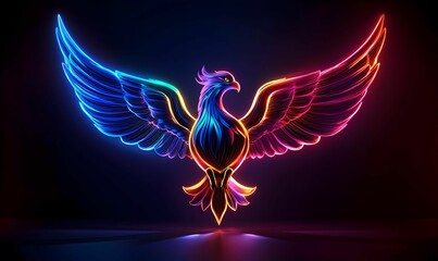 Vibrant Neon Phoenix Soaring with Colorful Wings in Dark Background