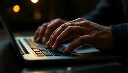 Closeup of hands typing computer keyboard with dark night scene
