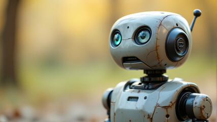 A charming robot with blue eyes, vintage design, set against a blurred nature background.