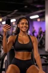Fototapeta premium Fitness Enthusiast Taking Selfie in Modern Gym Environment
