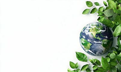 Earth Globe Surrounded by Lush Green Leaves on White Background