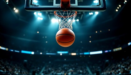 Low angle view of A basketball ball floating below a basketball hoop in court arena with spectacles in stadium against spotlight in the background, sports concept