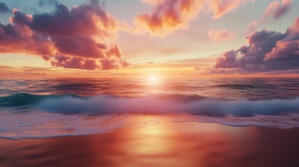 Gorgeous Sunset Over Calm Beach with Golden Sky and Ocean Waves