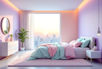 Modern bedroom design in pastel pink and blue color, interior home decoration design