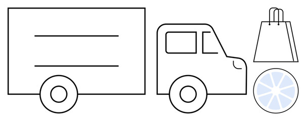 Delivery truck next to a shopping bag and a light blue pie chart wheel. Ideal for e-commerce, delivery services, logistics, retail, online shopping, supply chain, business analysis. Line metaphor