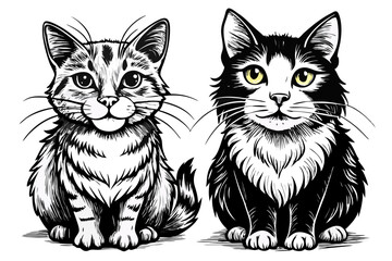 black and white funny two cats hand drawn sketch for painting book