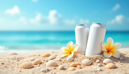 Two white drink cans mockup placed on the right on sand, surrounded by plumeria and seashells with seascape view on blue sky in summer day, product mockup design, product advertisement photography