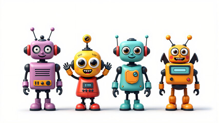 These playful cartoon robots showcase vibrant colors and distinctive characteristics, appealing to all ages.