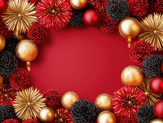 Festive red and gold decorations with floral accents create vibrant frame