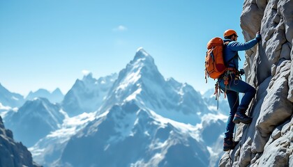 A climber with backpack climbing on the rocky mountain with snow-capped mountains on blue sky in the background, travel concept