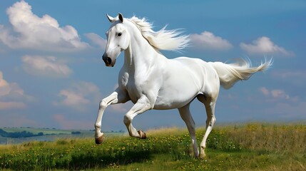 White Horse Galloping Through Green Meadow Under Blue Sky