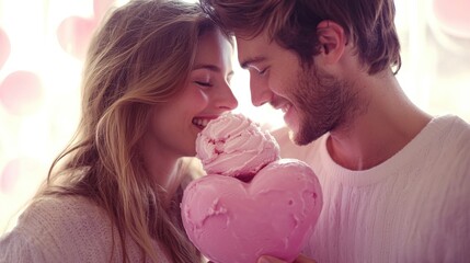 Valentine Ice Cream Concept Couple sharing a joyful moment with ice cream and a heart-shaped treat.