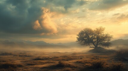 Fototapeta premium Solitary Tree at Sunset: A Serene Landscape