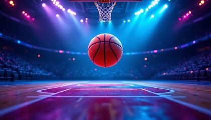 A basketball ball floating below a basketball hoop in court arena with spectacles in stadium with purple and blue neon color spotlight background, sports concept	