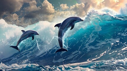 Fototapeta premium Dolphins leaping over ocean waves at sunset. Majestic dolphins jumping and playing in the sea, creating a breathtaking scene of wildlife in their natural habitat.