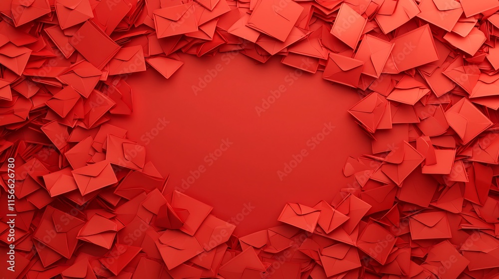 Poster elegant and vibrant red envelopes arranged in a radial pattern with a clean reserved text field desi