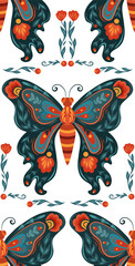 Vector seamless pattern with tracery butterfly in folk art style. Decorative wallpaper with flying insect with floral ornament for wrapping paper and textile