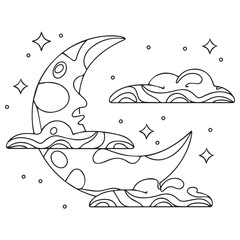 Outline vector illustration of crescent with cloud and star. Line drawing for the mystical blog, social media, sticker, or card. Tarot, astrology, spiritual concept.
