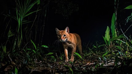 Rusty-colored feline walking in dark rainforest at night.