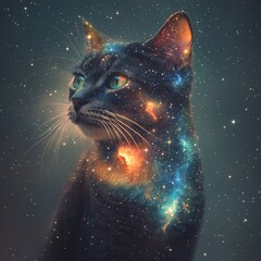 Cosmic cat with nebula fur, gazing.