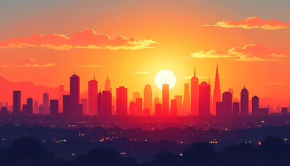 Sunset or sunrise over a modern city in natural colors. Bright sunlight illuminates the silhouettes of buildings and skyscrapers. Vector illustration. City landscape. Sun glare. Cityscape.